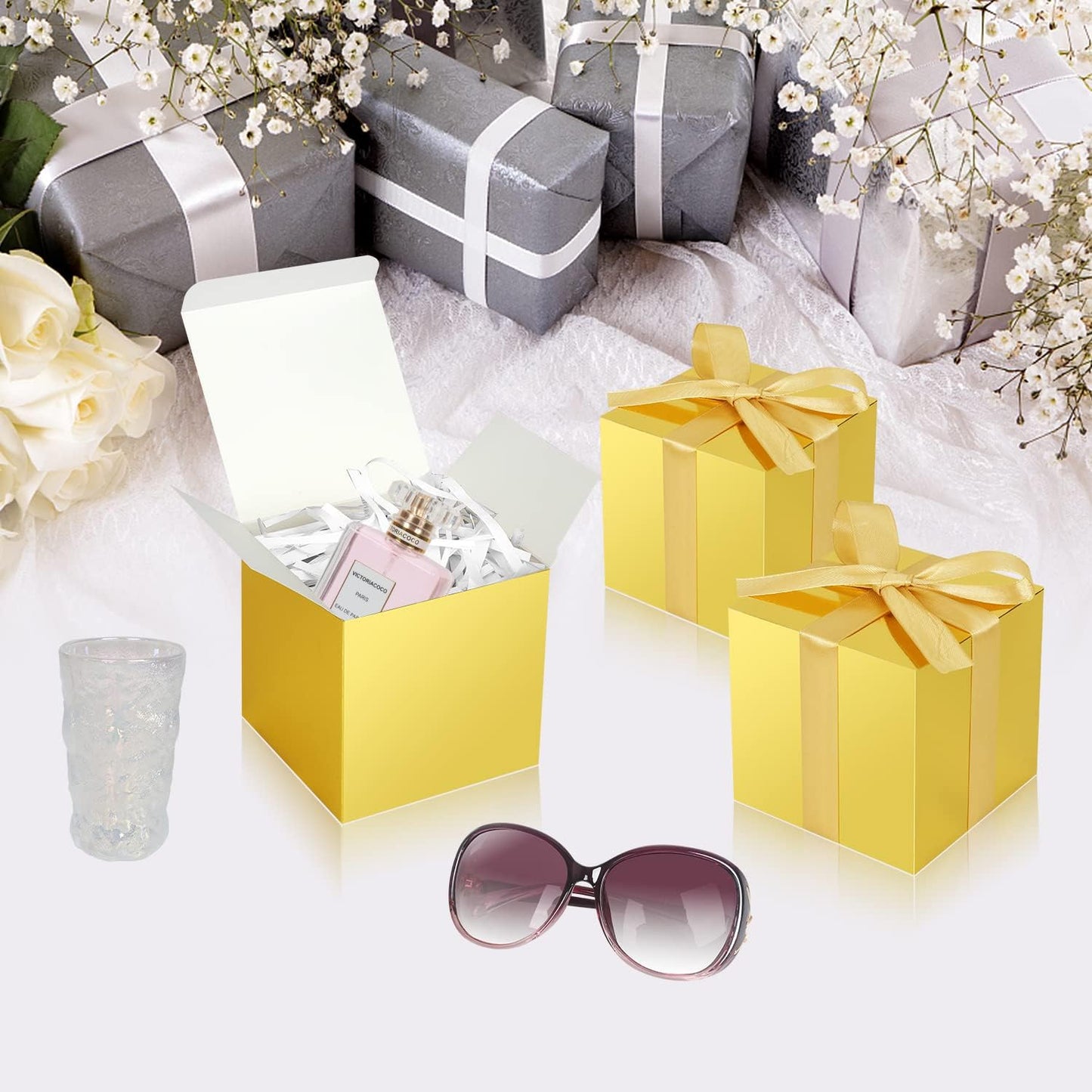 Gold Gift Boxes 5x5x5, 30 Pack Paper Gift Boxes with Lids for Gift, Bridesmaid Proposal Box, Cupcake Boxes, Gift Box for Wedding, Birthday, Groomsmen Proposal, Gifts, Packaging, Present