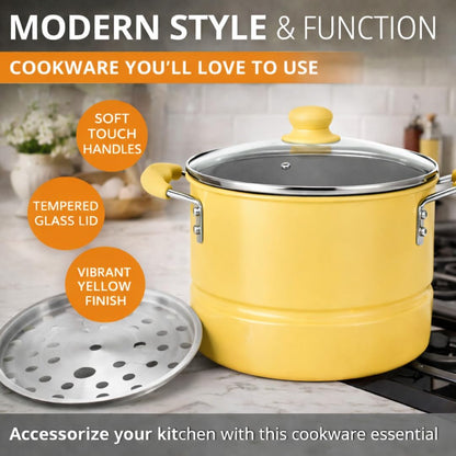 Alpine Cuisine 12-Quart Stock Pot with Lid, Aluminum Cooking Pot with Gray Ceramic Nonstick Coating for Soup, Pasta & Stews, Lemon Drop Yellow