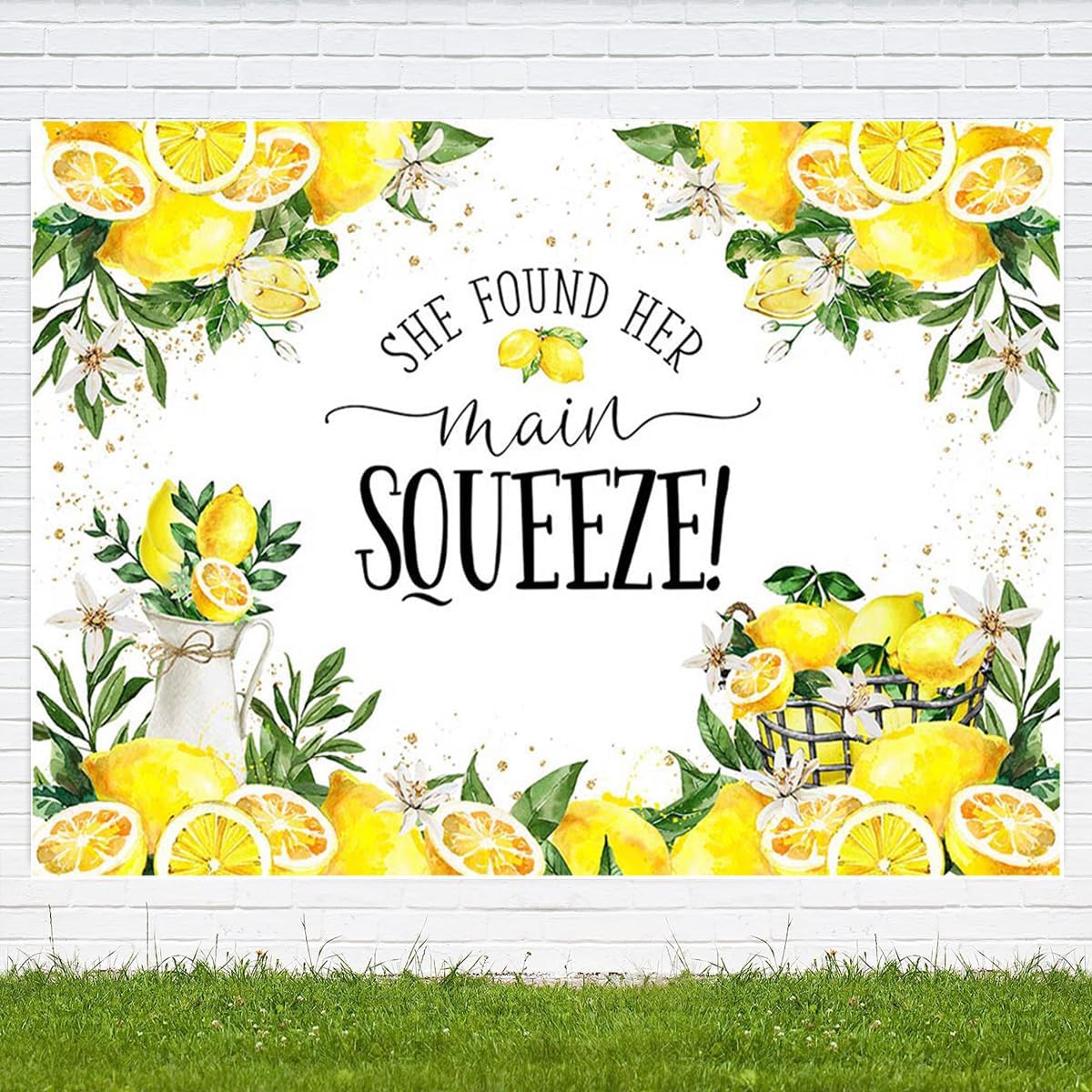 She Found Her Main Squeeze Photography Backdrop Lemon Bridal Shower Background Lemon Lemonade Bachelorette Party Decoration Women Wedding Party Engagement Party Background Cake Smash Banner (8X6FT)