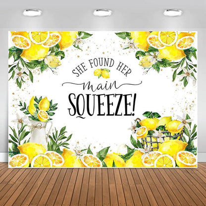She Found Her Main Squeeze Photography Backdrop Lemon Bridal Shower Background Lemon Lemonade Bachelorette Party Decoration Women Wedding Party Engagement Party Background Cake Smash Banner (8X6FT)