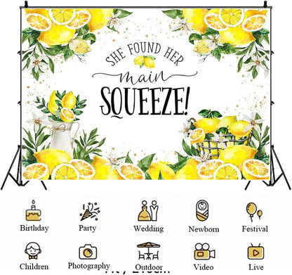 She Found Her Main Squeeze Photography Backdrop Lemon Bridal Shower Background Lemon Lemonade Bachelorette Party Decoration Women Wedding Party Engagement Party Background Cake Smash Banner (8X6FT)