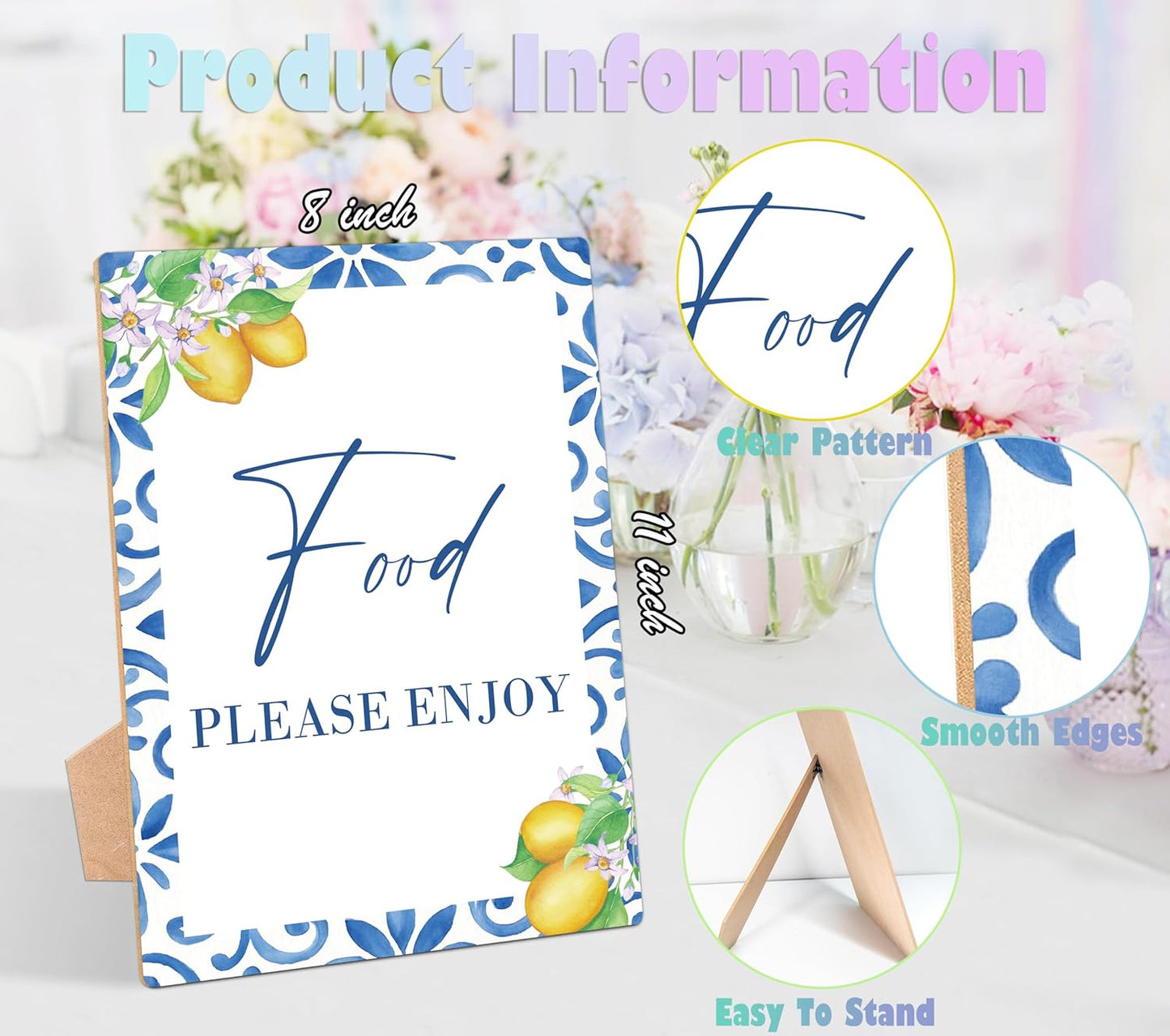 Mediterranean Lemon Bridal Shower Table Signs, Food Please Enjoy, Pack of 1 Wooden Tabletop Sign with Stand, Bridal Shower Decorations, Wedding Reception Decor, Engagement Decor for Party - HS44