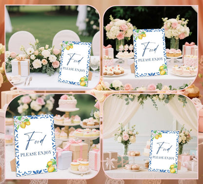 Mediterranean Lemon Bridal Shower Table Signs, Food Please Enjoy, Pack of 1 Wooden Tabletop Sign with Stand, Bridal Shower Decorations, Wedding Reception Decor, Engagement Decor for Party - HS44
