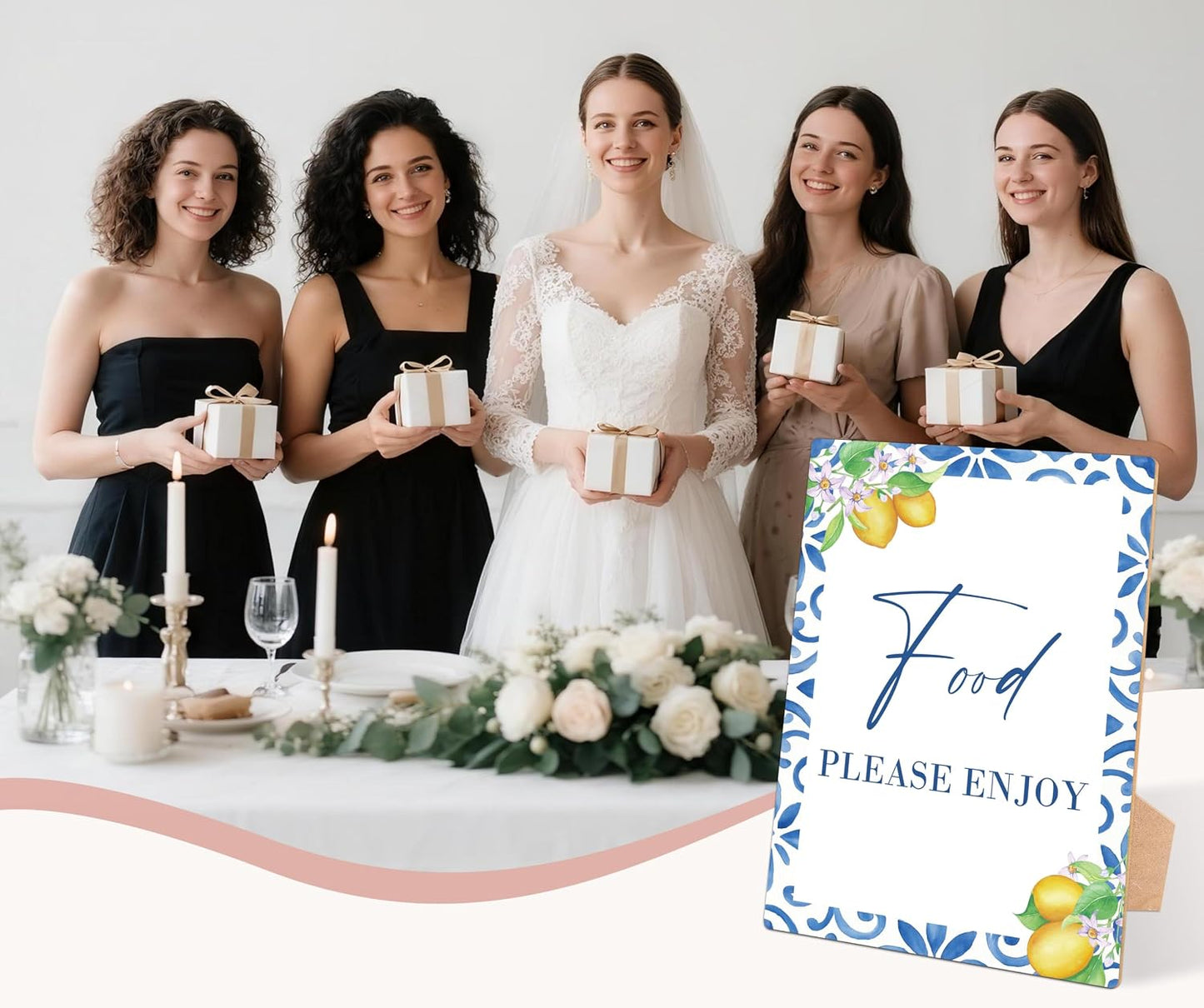 Mediterranean Lemon Bridal Shower Table Signs, Food Please Enjoy, Pack of 1 Wooden Tabletop Sign with Stand, Bridal Shower Decorations, Wedding Reception Decor, Engagement Decor for Party - HS44