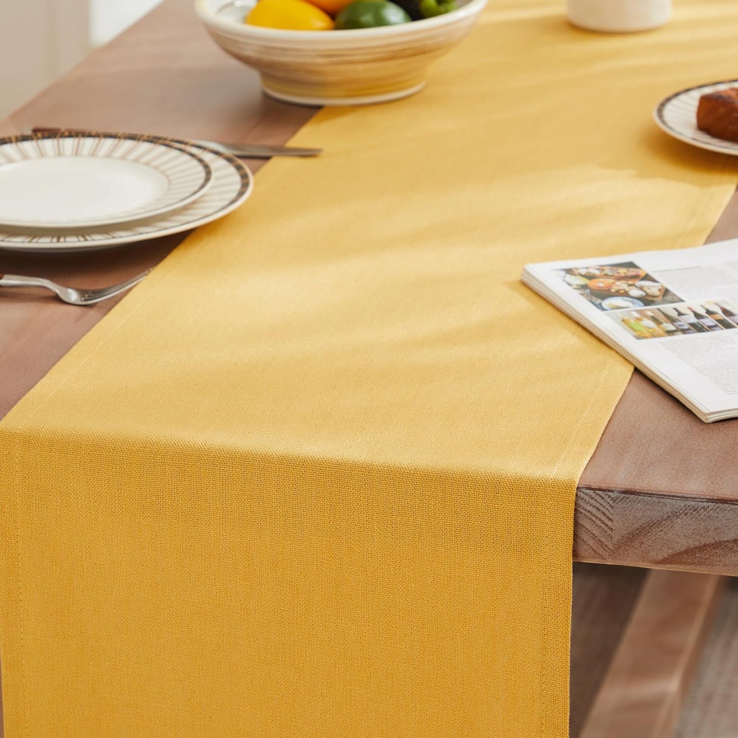 ZeeMart Rustic Cotton Linen Table Runner, 13x36 Inches Yellow | Farmhouse Style Linen Table Runners 36 Inches Long, Washable Kitchen Dining Table Decoration for Home Party Decor