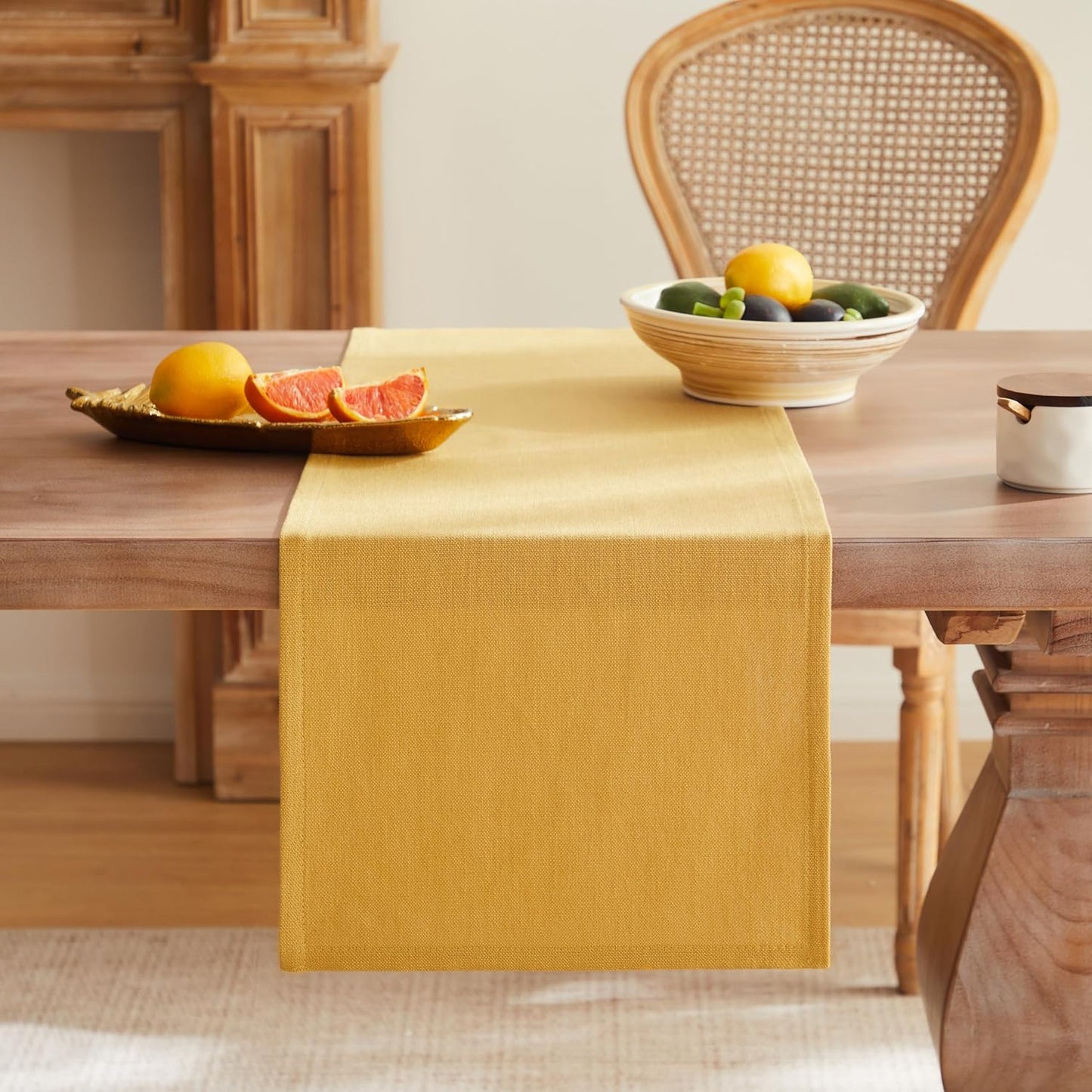 ZeeMart Rustic Cotton Linen Table Runner, 13x36 Inches Yellow | Farmhouse Style Linen Table Runners 36 Inches Long, Washable Kitchen Dining Table Decoration for Home Party Decor