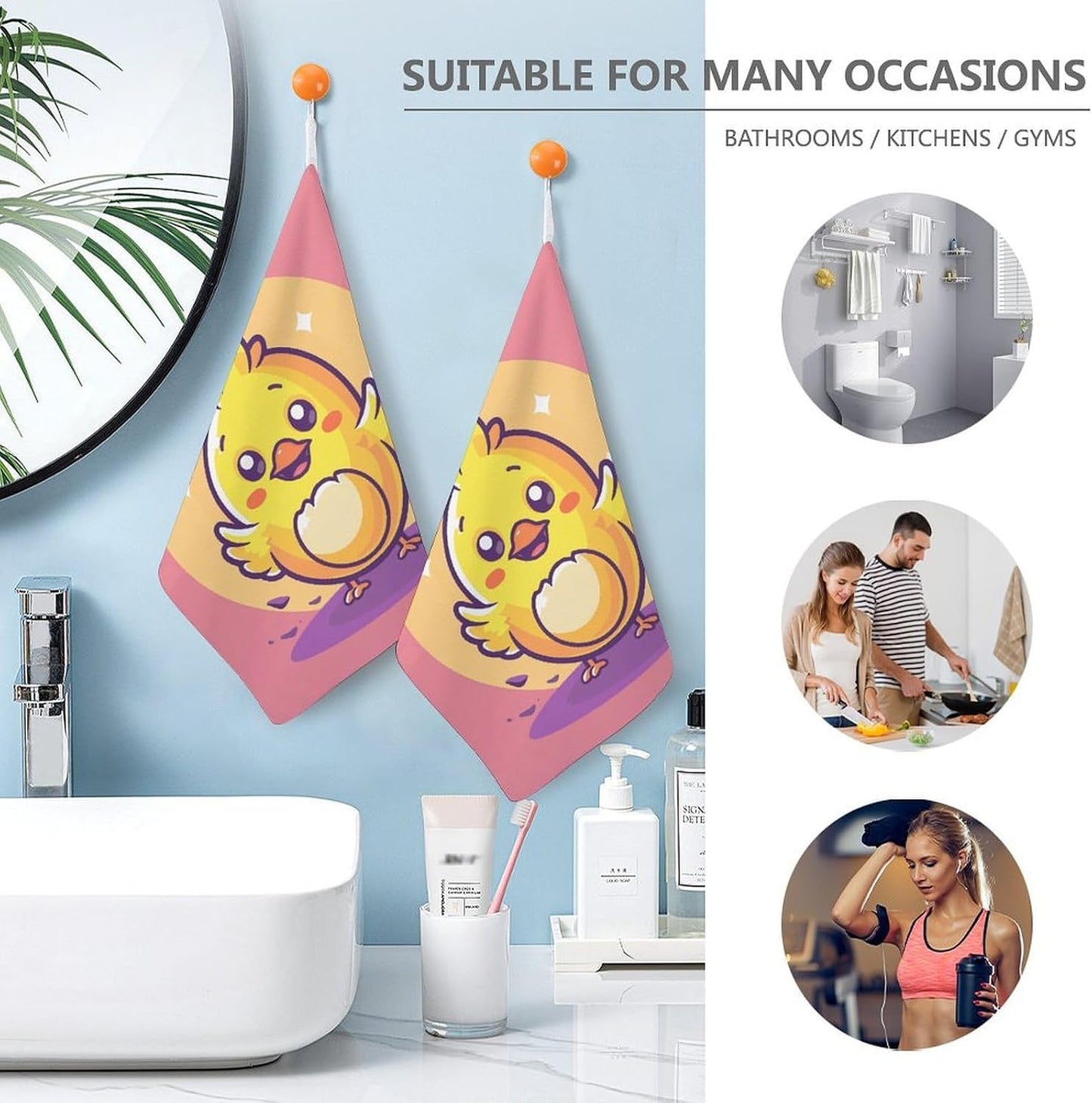 Yellow Cartoon Chicken Kitchen Towels Set -1PCS Super Absorbent Hand Towels, Soft Face Towel Set with Hanging Loop Lightweight Quick Dry Microfiber Dish Towels for Yoga Camping Hotel Spa Travel