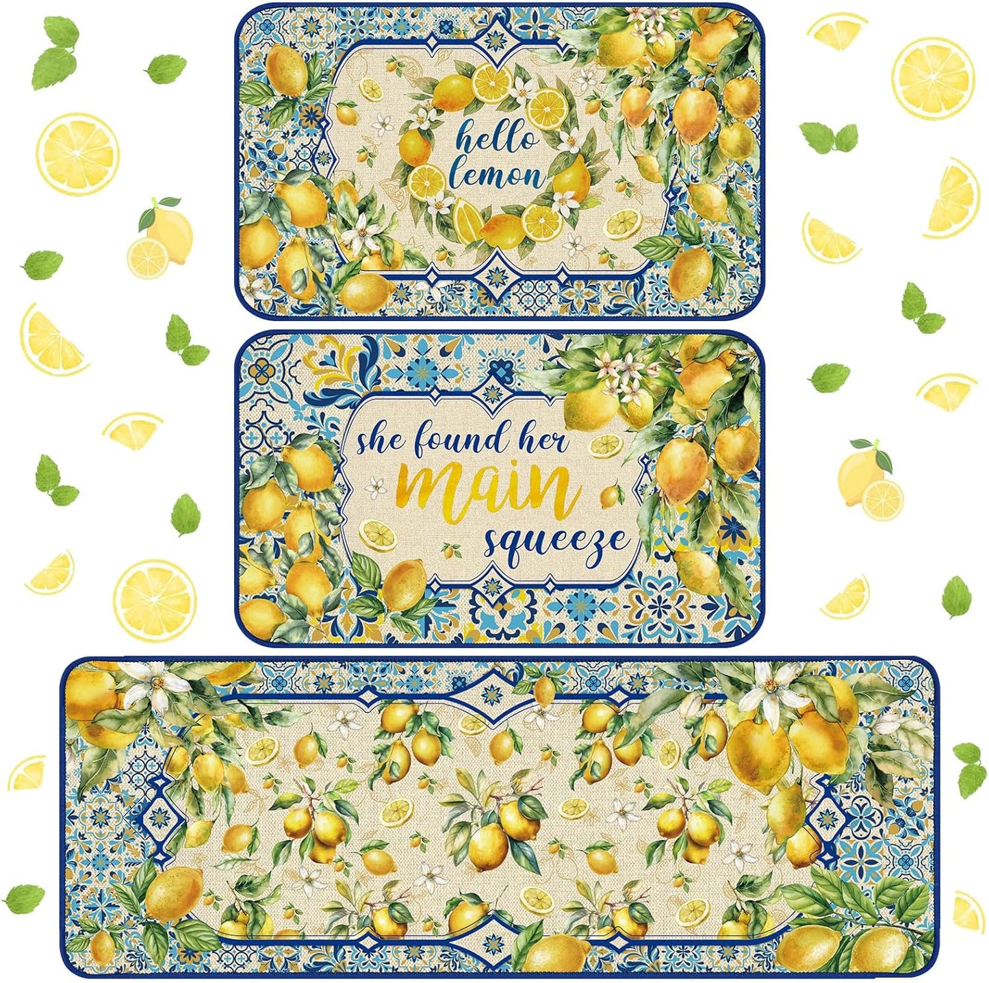 3 Pcs Mediterranean Lemon Kitchen Rugs Summer Lemon Floor Mat Decor Non Slip Washable Retro Yellow Kitchen Carpet Accessories for Home Office Sink 17 x 29 Inch 17 x 47 Inch