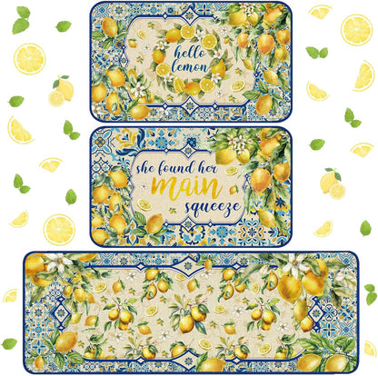 3 Pcs Mediterranean Lemon Kitchen Rugs Summer Lemon Floor Mat Decor Non Slip Washable Retro Yellow Kitchen Carpet Accessories for Home Office Sink 17 x 29 Inch 17 x 47 Inch