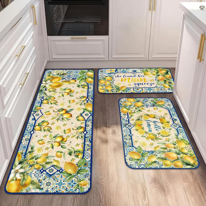 3 Pcs Mediterranean Lemon Kitchen Rugs Summer Lemon Floor Mat Decor Non Slip Washable Retro Yellow Kitchen Carpet Accessories for Home Office Sink 17 x 29 Inch 17 x 47 Inch