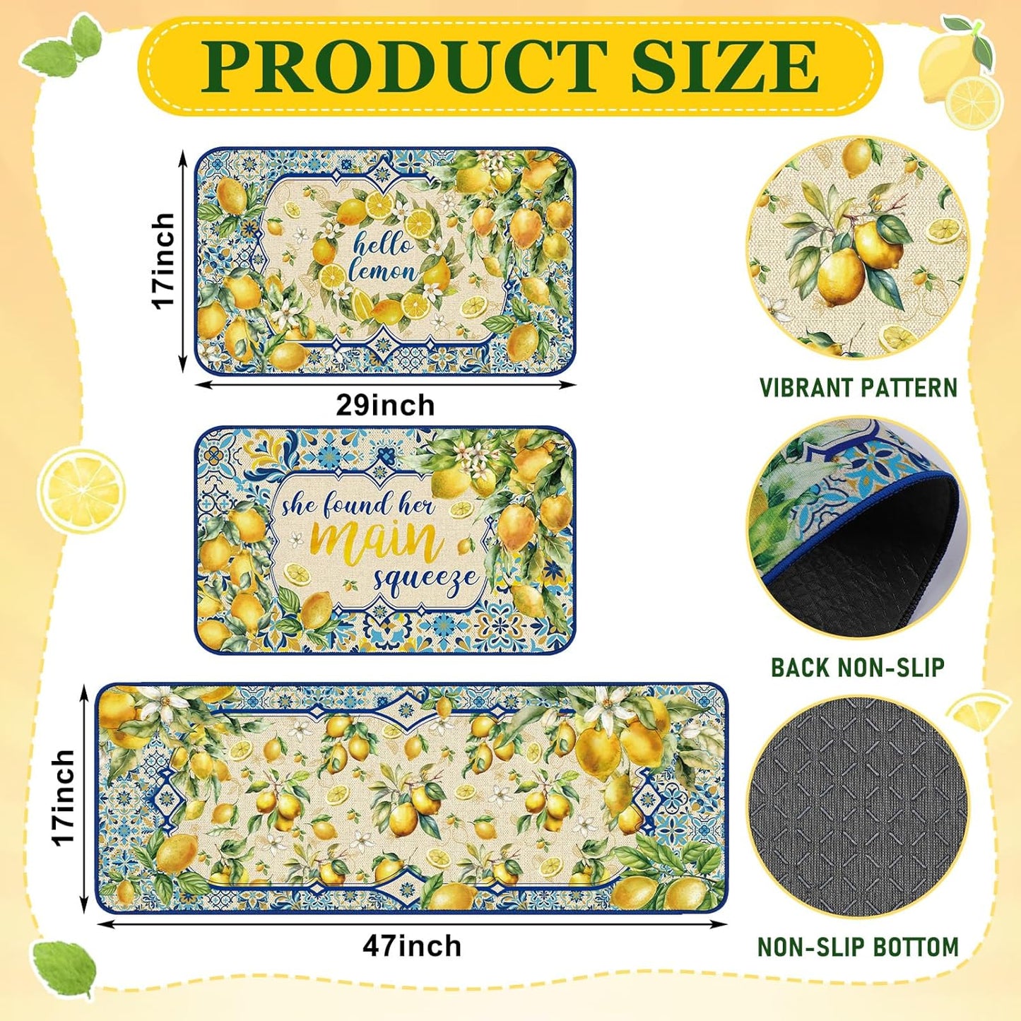 3 Pcs Mediterranean Lemon Kitchen Rugs Summer Lemon Floor Mat Decor Non Slip Washable Retro Yellow Kitchen Carpet Accessories for Home Office Sink 17 x 29 Inch 17 x 47 Inch