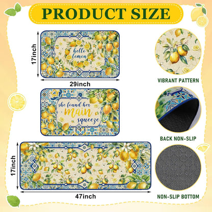 3 Pcs Mediterranean Lemon Kitchen Rugs Summer Lemon Floor Mat Decor Non Slip Washable Retro Yellow Kitchen Carpet Accessories for Home Office Sink 17 x 29 Inch 17 x 47 Inch