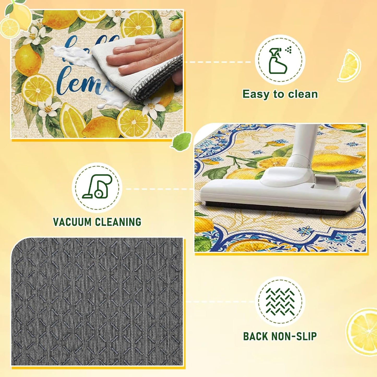 3 Pcs Mediterranean Lemon Kitchen Rugs Summer Lemon Floor Mat Decor Non Slip Washable Retro Yellow Kitchen Carpet Accessories for Home Office Sink 17 x 29 Inch 17 x 47 Inch