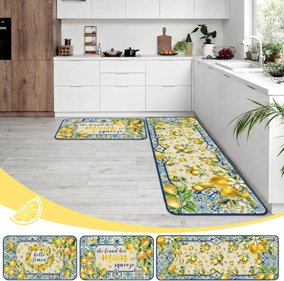 3 Pcs Mediterranean Lemon Kitchen Rugs Summer Lemon Floor Mat Decor Non Slip Washable Retro Yellow Kitchen Carpet Accessories for Home Office Sink 17 x 29 Inch 17 x 47 Inch