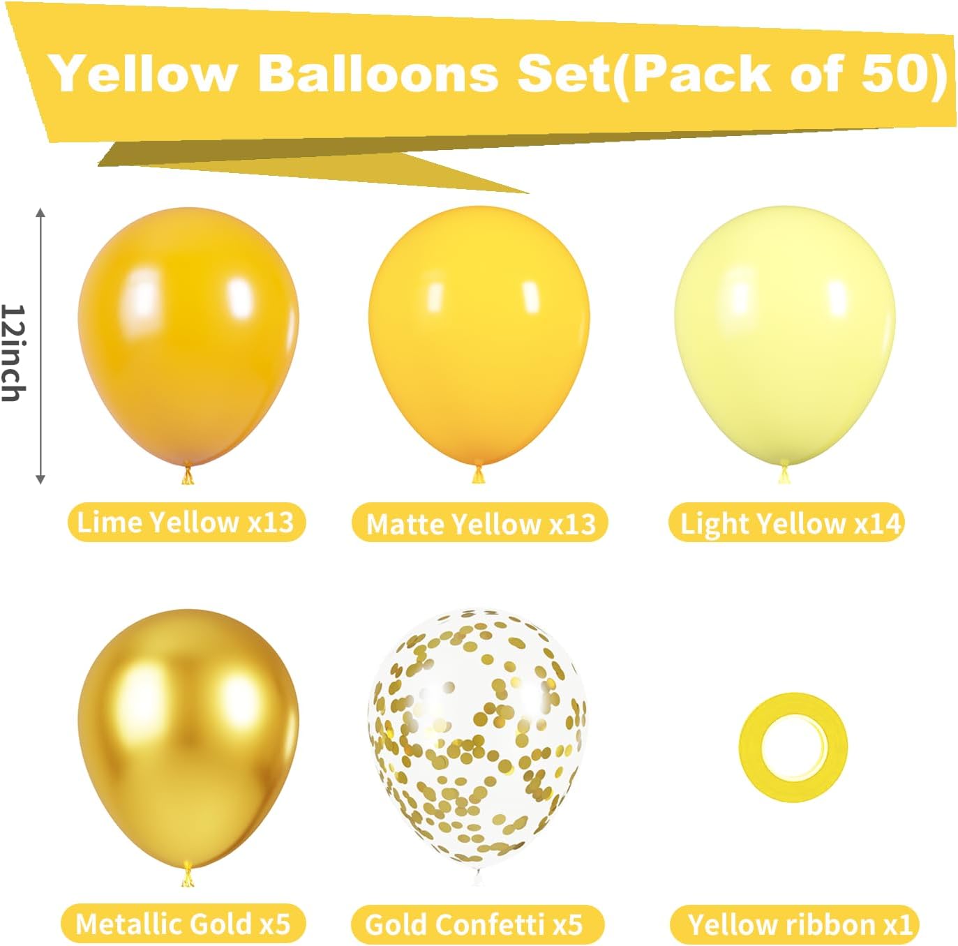 Yellow Balloons Kit, 50Pcs Matte Lemon Yellow Latex Balloons 12In Size | white Metallic Gold Balloon for Birthday Wedding Baby Shower Bride Sunflower Party Decoration