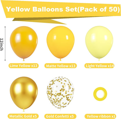 Yellow Balloons Kit, 50Pcs Matte Lemon Yellow Latex Balloons 12In Size | white Metallic Gold Balloon for Birthday Wedding Baby Shower Bride Sunflower Party Decoration
