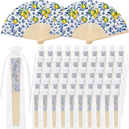 50 Pcs Capri Lemon Paper Fans Bulk with Organza Bag Blue Tile Lemon Party Favor for Guest Amalfi Coast Mediterranean Folding Fan Handheld for Italian Summer Bridal Shower Wedding Party Decor
