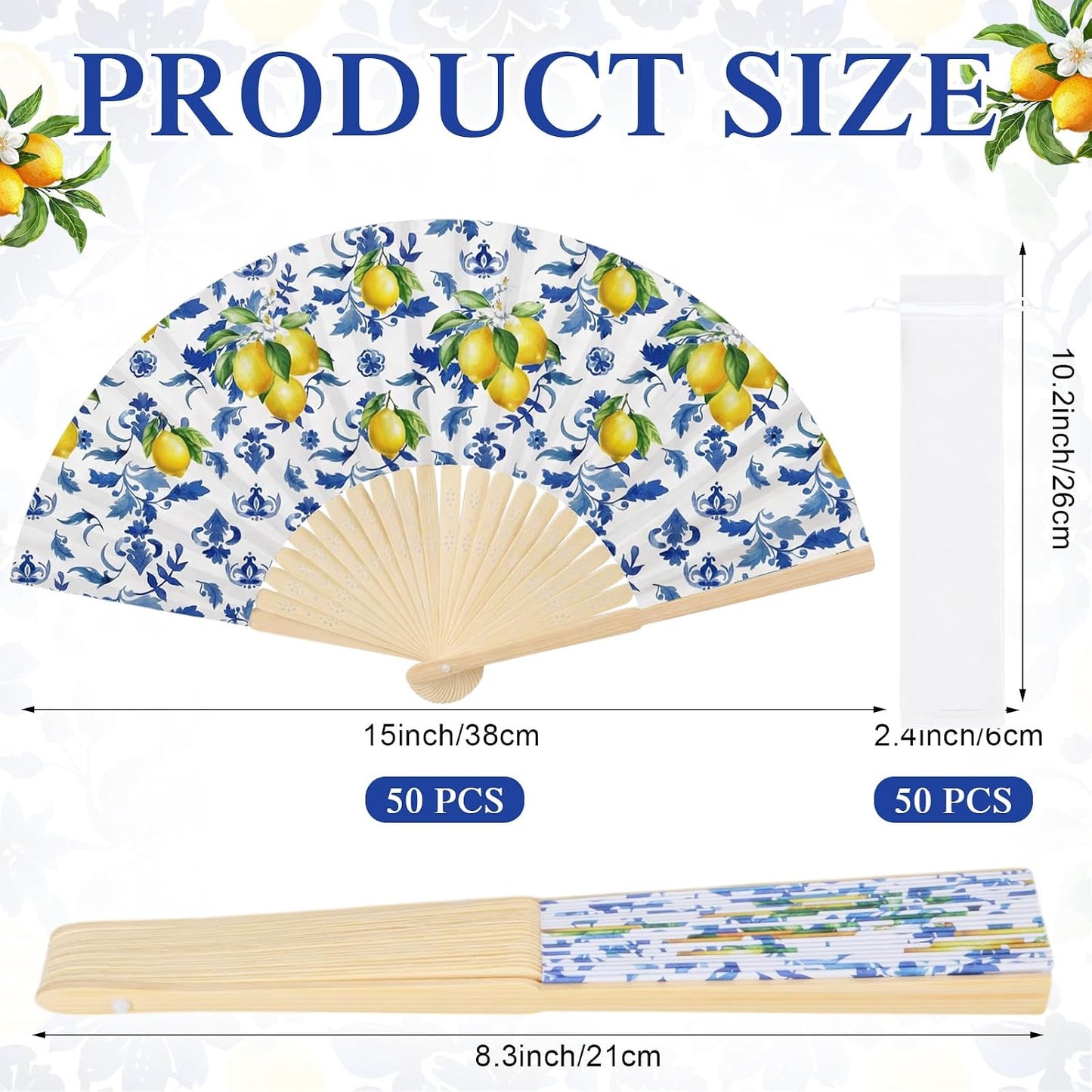 50 Pcs Capri Lemon Paper Fans Bulk with Organza Bag Blue Tile Lemon Party Favor for Guest Amalfi Coast Mediterranean Folding Fan Handheld for Italian Summer Bridal Shower Wedding Party Decor