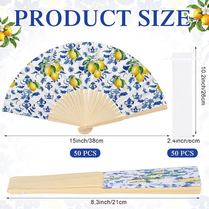 50 Pcs Capri Lemon Paper Fans Bulk with Organza Bag Blue Tile Lemon Party Favor for Guest Amalfi Coast Mediterranean Folding Fan Handheld for Italian Summer Bridal Shower Wedding Party Decor