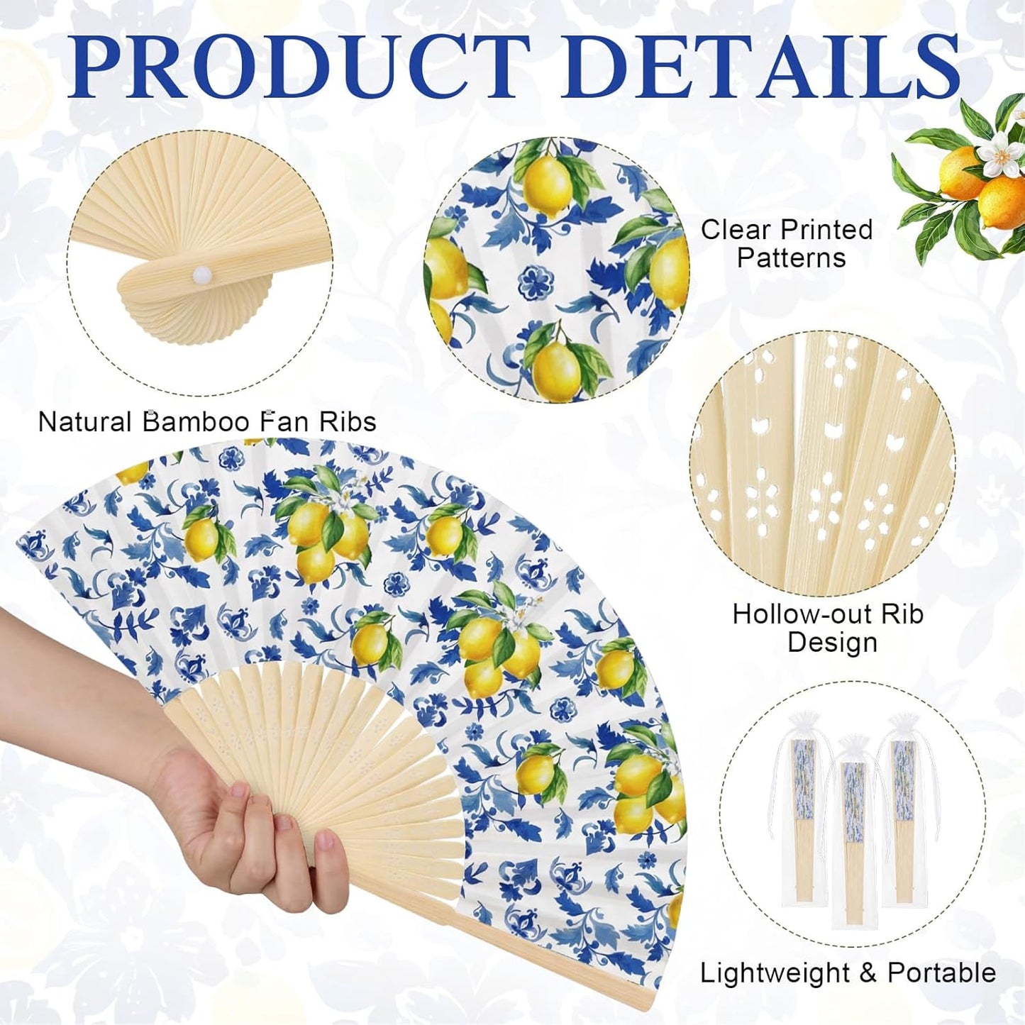 50 Pcs Capri Lemon Paper Fans Bulk with Organza Bag Blue Tile Lemon Party Favor for Guest Amalfi Coast Mediterranean Folding Fan Handheld for Italian Summer Bridal Shower Wedding Party Decor