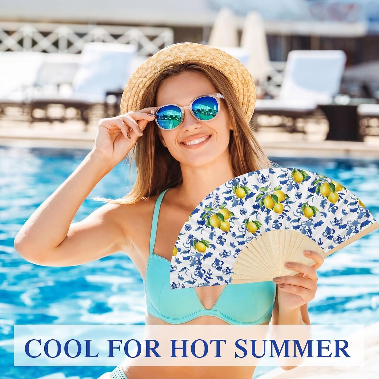 50 Pcs Capri Lemon Paper Fans Bulk with Organza Bag Blue Tile Lemon Party Favor for Guest Amalfi Coast Mediterranean Folding Fan Handheld for Italian Summer Bridal Shower Wedding Party Decor