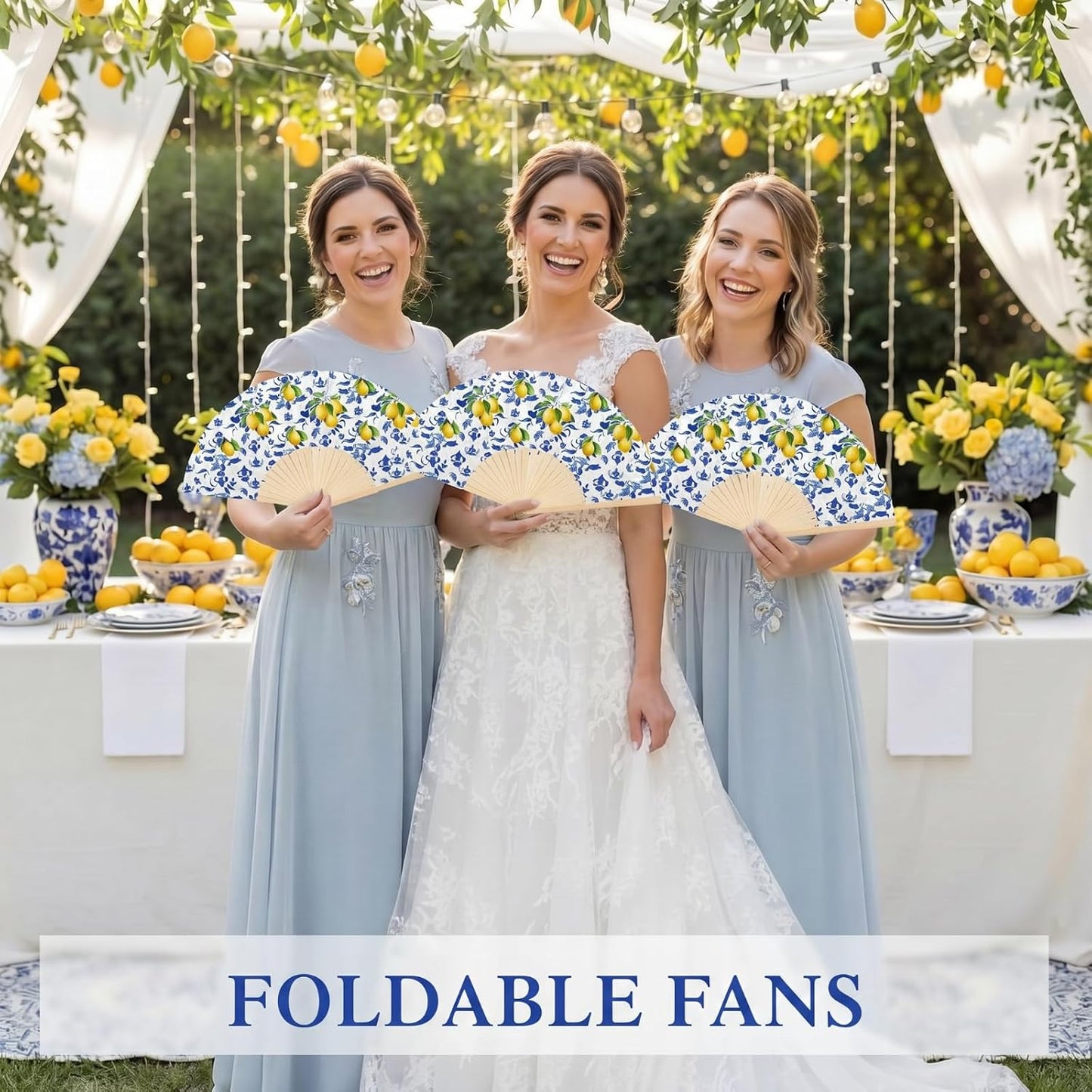 50 Pcs Capri Lemon Paper Fans Bulk with Organza Bag Blue Tile Lemon Party Favor for Guest Amalfi Coast Mediterranean Folding Fan Handheld for Italian Summer Bridal Shower Wedding Party Decor