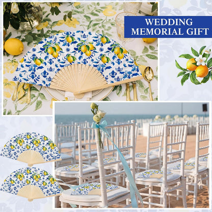 50 Pcs Capri Lemon Paper Fans Bulk with Organza Bag Blue Tile Lemon Party Favor for Guest Amalfi Coast Mediterranean Folding Fan Handheld for Italian Summer Bridal Shower Wedding Party Decor