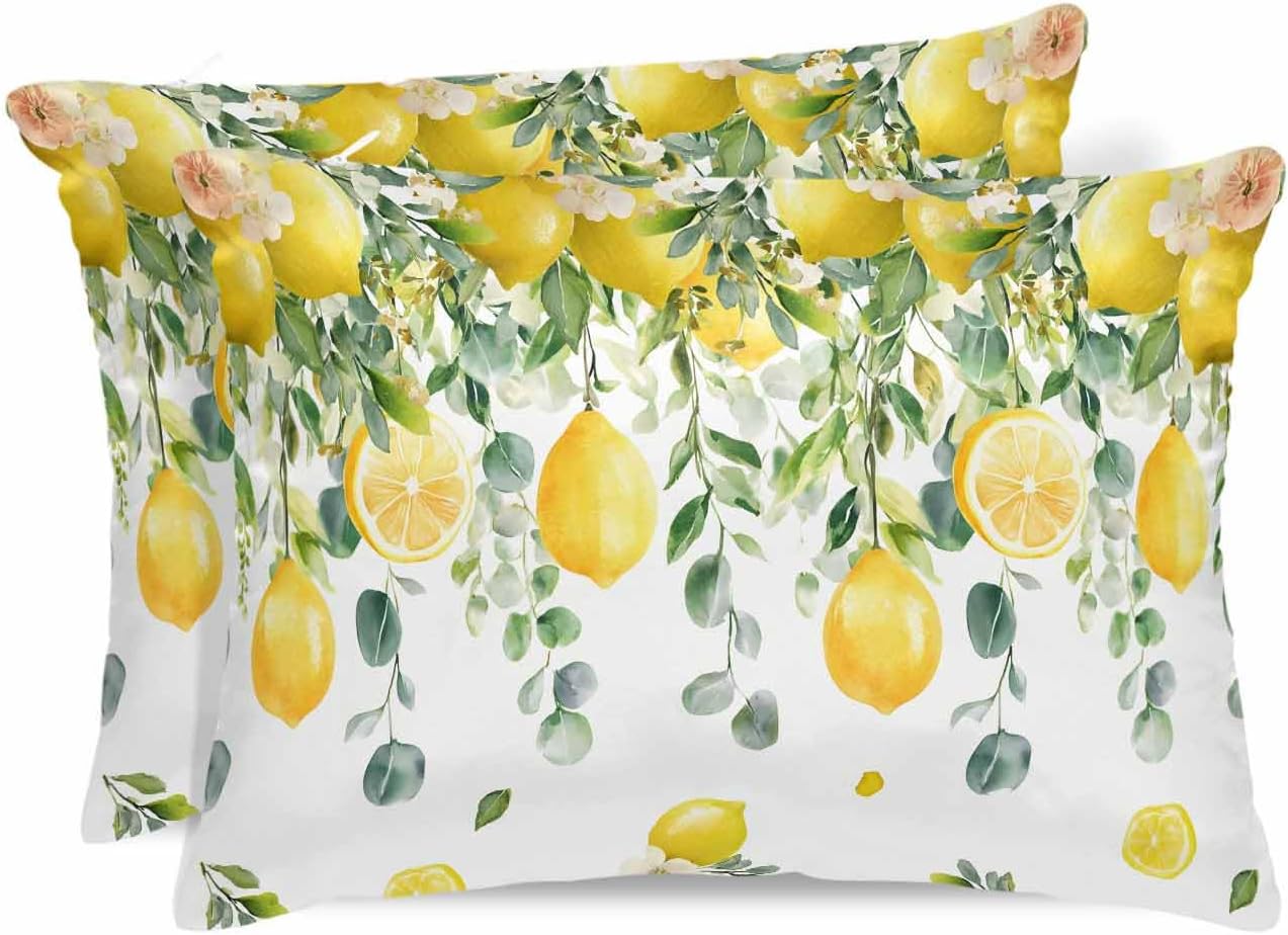Farmhouse Satin Pillowcase for Hair and Skin King Yellow Lemon Eucalyptus Leaf Watercolor Plant Farmhouse Pillow Cases 2 Pack with Zipper, Super Soft Cooling Similar to Silk Pillow Covers, 20x30 Inch