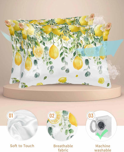 Farmhouse Satin Pillowcase for Hair and Skin King Yellow Lemon Eucalyptus Leaf Watercolor Plant Farmhouse Pillow Cases 2 Pack with Zipper, Super Soft Cooling Similar to Silk Pillow Covers, 20x30 Inch