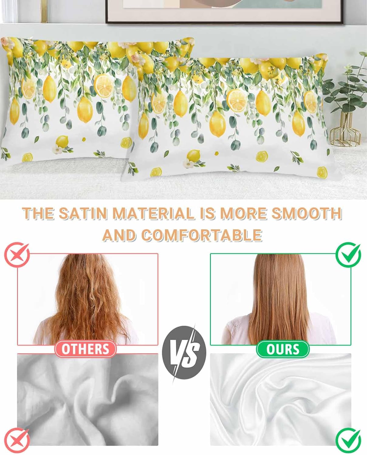 Farmhouse Satin Pillowcase for Hair and Skin King Yellow Lemon Eucalyptus Leaf Watercolor Plant Farmhouse Pillow Cases 2 Pack with Zipper, Super Soft Cooling Similar to Silk Pillow Covers, 20x30 Inch