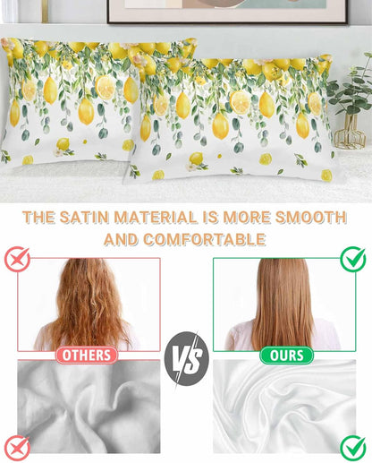 Farmhouse Satin Pillowcase for Hair and Skin King Yellow Lemon Eucalyptus Leaf Watercolor Plant Farmhouse Pillow Cases 2 Pack with Zipper, Super Soft Cooling Similar to Silk Pillow Covers, 20x30 Inch