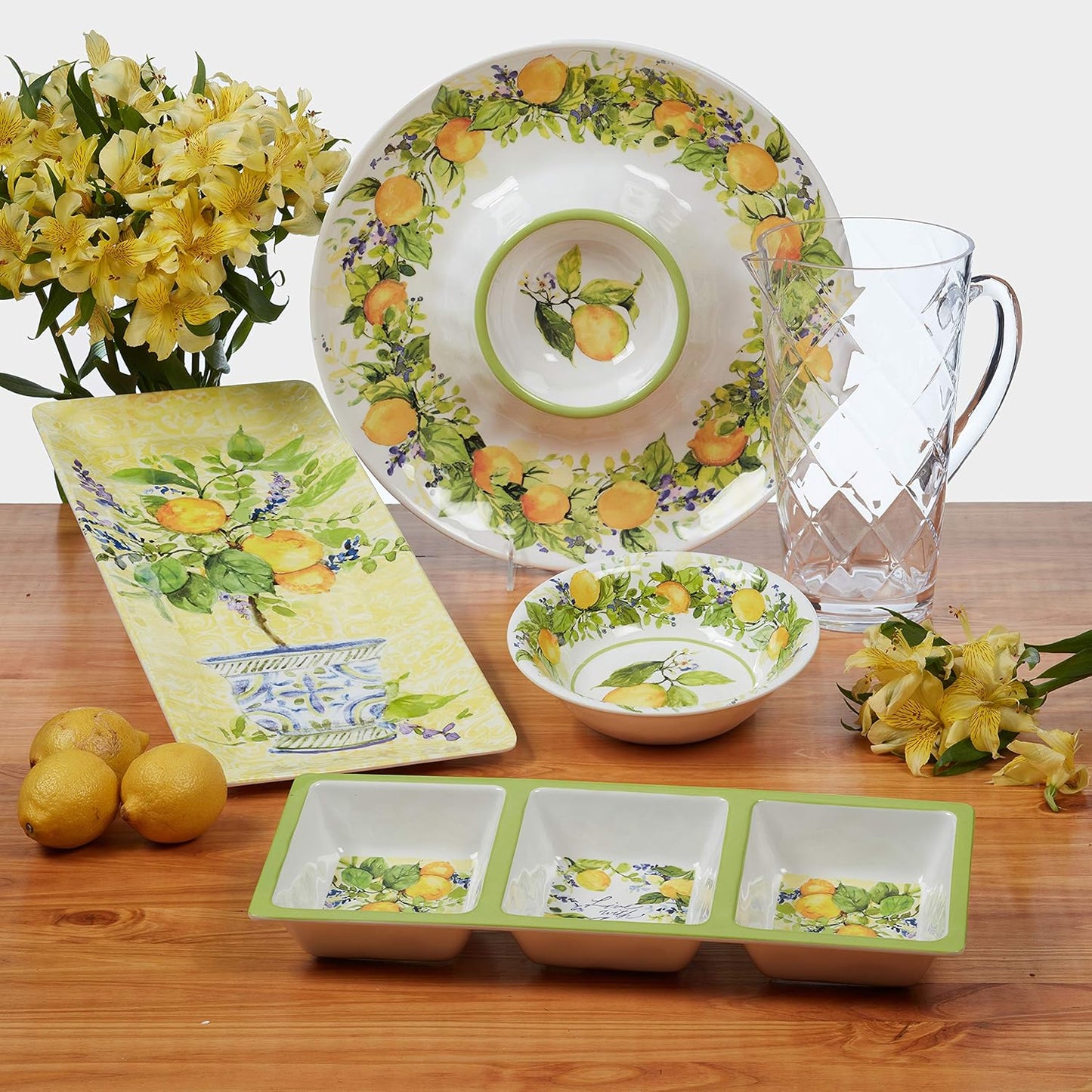 Lemon Zest 3-Piece Melamine Hostess Serving Set – Citrus-Inspired Durable Tableware for Chips & Dip, Tapas, Fruit, Appetizers, Dessert, BBQ, Outdoor Entertaining & Summer Dining