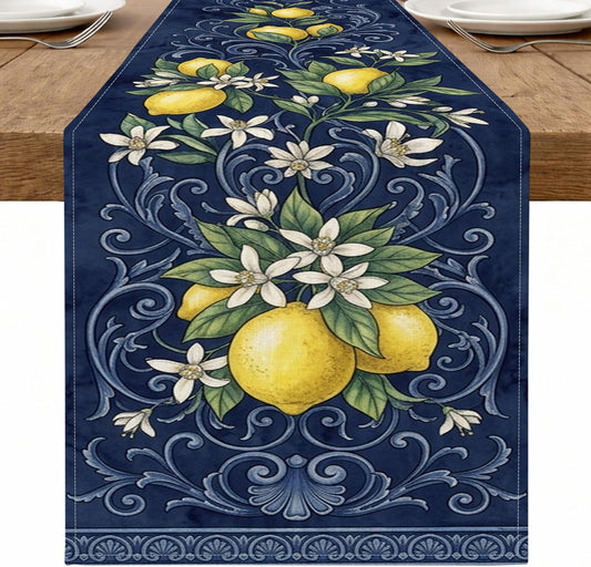 Navy Blue Lemon Floral Table Runner, Vintage Botanical Pattern for Spring Home Dining Decor and Holiday Gatherings 13x90 Inch
