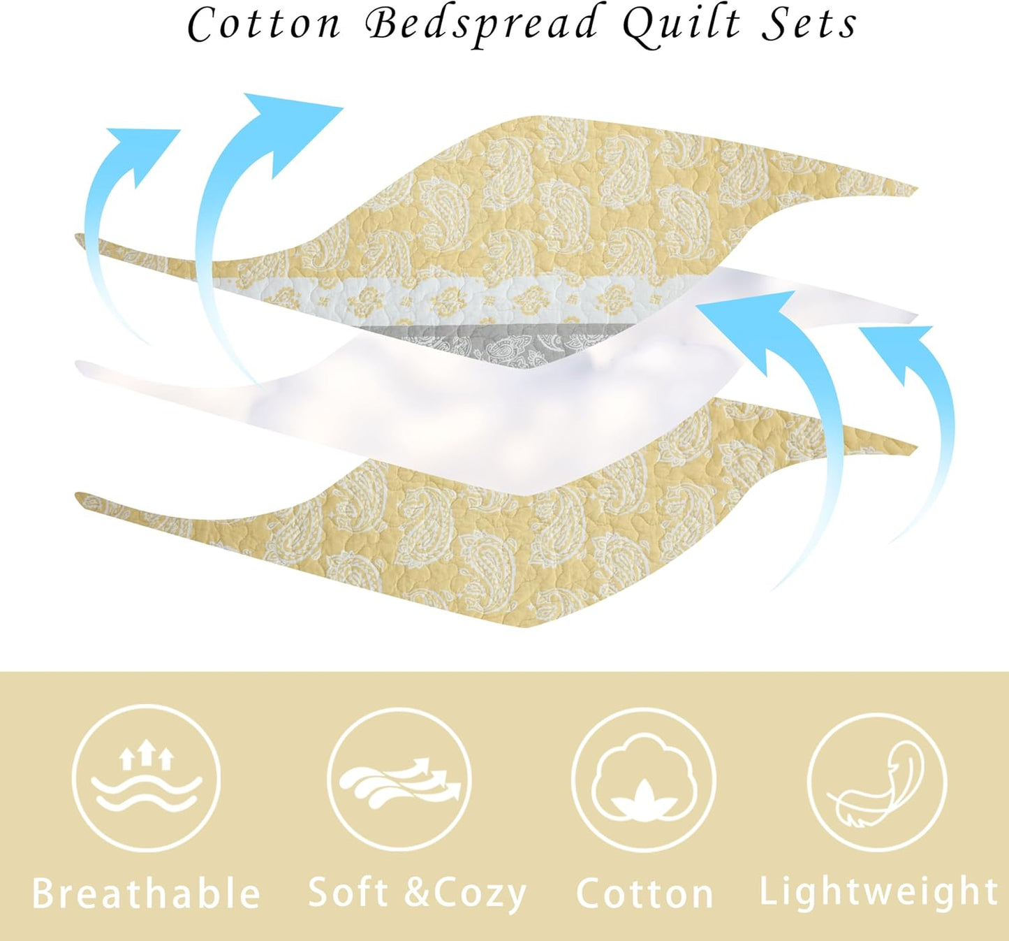 Yellow Quilts Queen Size, Paisley Comforter Set Queen Cotton Bed, Yellow Grey White Comforter, Striped Bedding Queen Size, Lightweight Luxury Bedspread,3 Piece