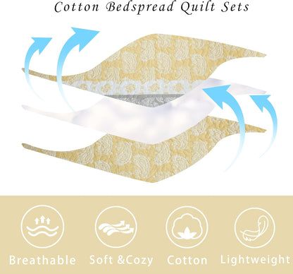 Yellow Quilts Queen Size, Paisley Comforter Set Queen Cotton Bed, Yellow Grey White Comforter, Striped Bedding Queen Size, Lightweight Luxury Bedspread,3 Piece