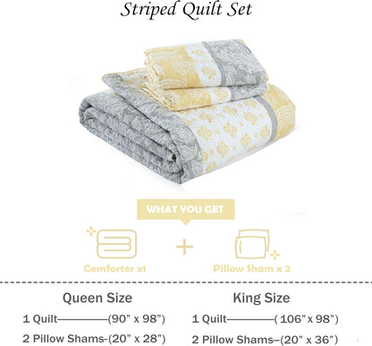 Yellow Quilts Queen Size, Paisley Comforter Set Queen Cotton Bed, Yellow Grey White Comforter, Striped Bedding Queen Size, Lightweight Luxury Bedspread,3 Piece