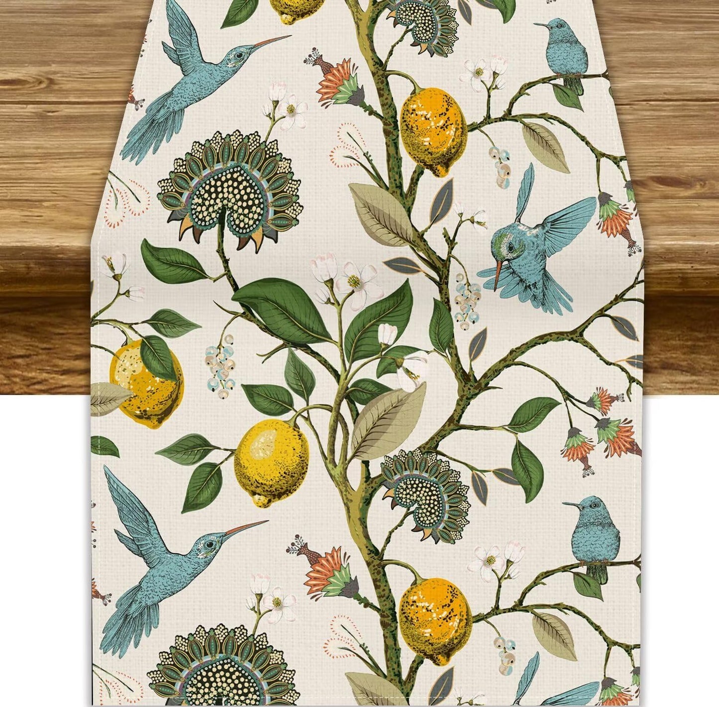 Retro Lemon Table Runner, Summer Blue Birds Lemon Tree Nature Botanical Plants Flowers Hummingbird Spring Table Runner for Kitchen Dining Table Wedding Party Decor, 13x70inch