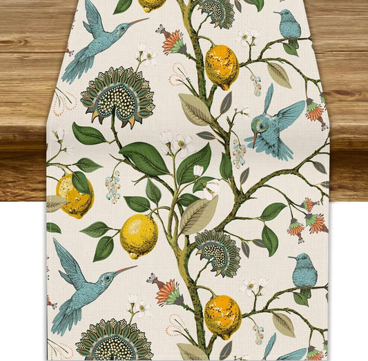 Retro Lemon Table Runner, Summer Blue Birds Lemon Tree Nature Botanical Plants Flowers Hummingbird Spring Table Runner for Kitchen Dining Table Wedding Party Decor, 13x70inch