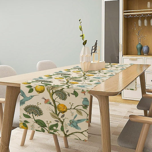 Retro Lemon Table Runner, Summer Blue Birds Lemon Tree Nature Botanical Plants Flowers Hummingbird Spring Table Runner for Kitchen Dining Table Wedding Party Decor, 13x70inch