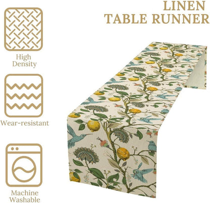 Retro Lemon Table Runner, Summer Blue Birds Lemon Tree Nature Botanical Plants Flowers Hummingbird Spring Table Runner for Kitchen Dining Table Wedding Party Decor, 13x70inch