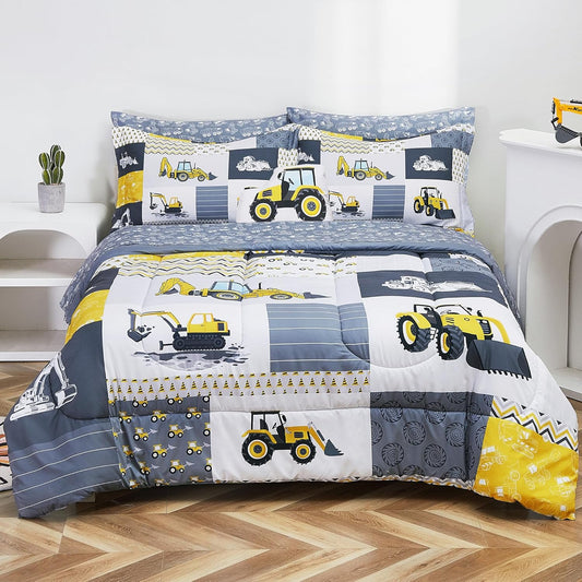 Kids Twin Comforter Sets for Boys 6 Pieces Yellow Excavator Bedding Set for Teens Microfiber Kids Bed in A Bag with Comforter, Sheet Set, Shams and Decorative Toy Pillow All Season