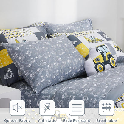 Kids Twin Comforter Sets for Boys 6 Pieces Yellow Excavator Bedding Set for Teens Microfiber Kids Bed in A Bag with Comforter, Sheet Set, Shams and Decorative Toy Pillow All Season