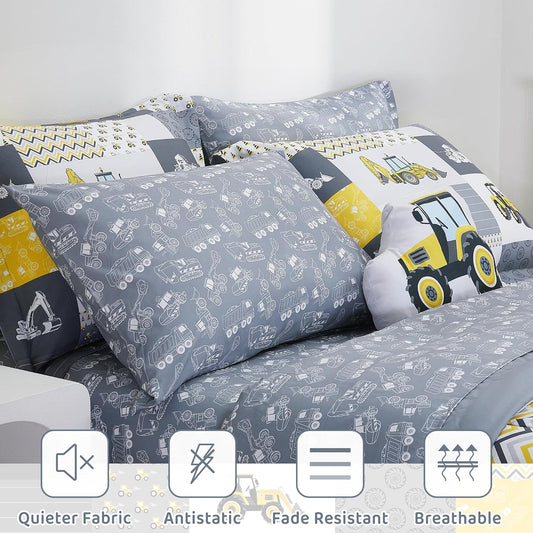 Kids Twin Comforter Sets for Boys 6 Pieces Yellow Excavator Bedding Set for Teens Microfiber Kids Bed in A Bag with Comforter, Sheet Set, Shams and Decorative Toy Pillow All Season