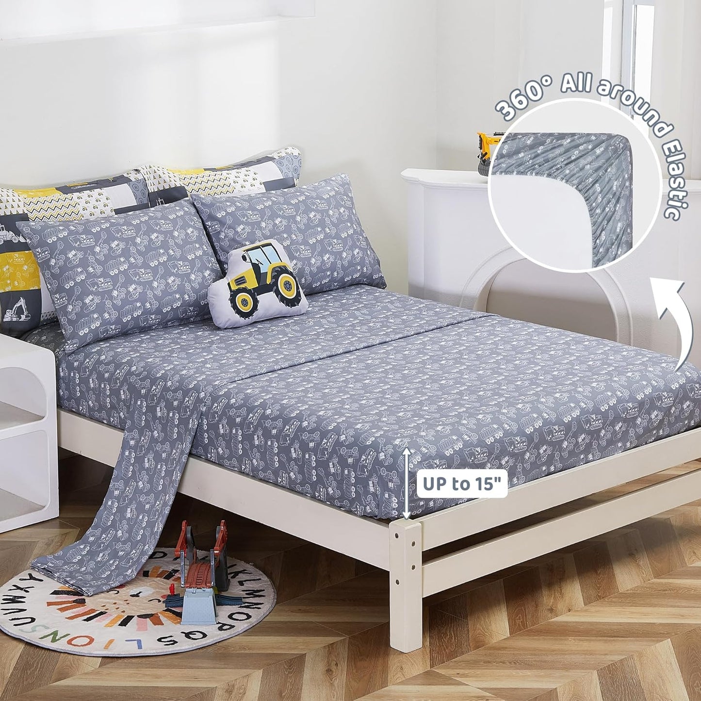 Kids Twin Comforter Sets for Boys 6 Pieces Yellow Excavator Bedding Set for Teens Microfiber Kids Bed in A Bag with Comforter, Sheet Set, Shams and Decorative Toy Pillow All Season