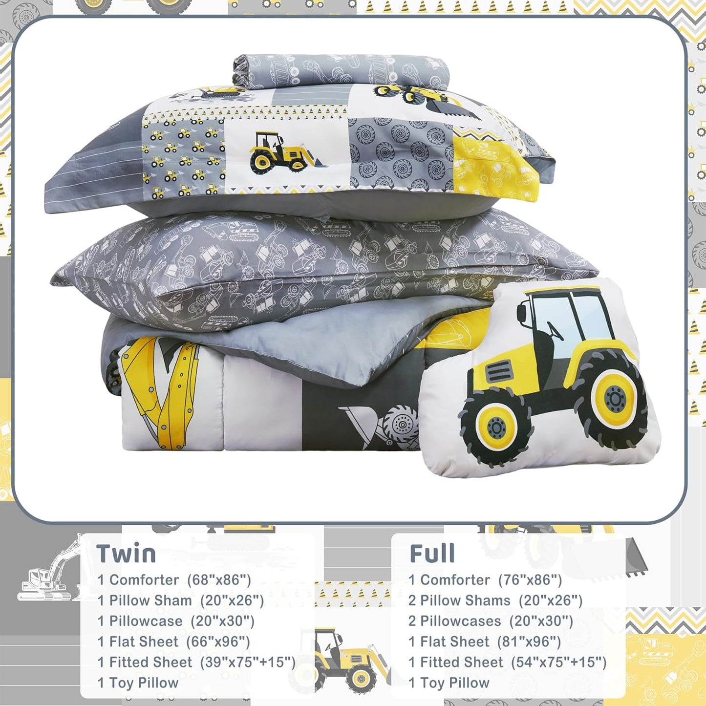 Kids Twin Comforter Sets for Boys 6 Pieces Yellow Excavator Bedding Set for Teens Microfiber Kids Bed in A Bag with Comforter, Sheet Set, Shams and Decorative Toy Pillow All Season