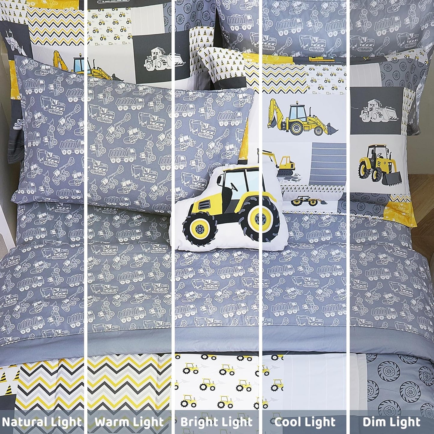 Kids Twin Comforter Sets for Boys 6 Pieces Yellow Excavator Bedding Set for Teens Microfiber Kids Bed in A Bag with Comforter, Sheet Set, Shams and Decorative Toy Pillow All Season