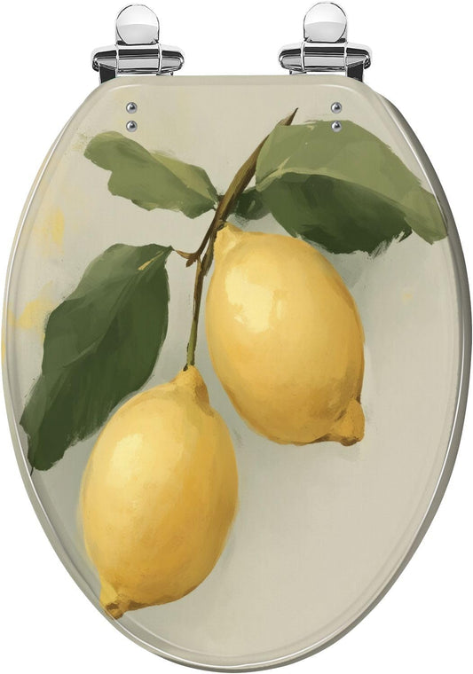 Vintage Gold Lemon Fruit Elongated Toilet Seat with Decorative Printed Lid | Vintage Gold decor update; easy-clean surface; hinge hardware included.