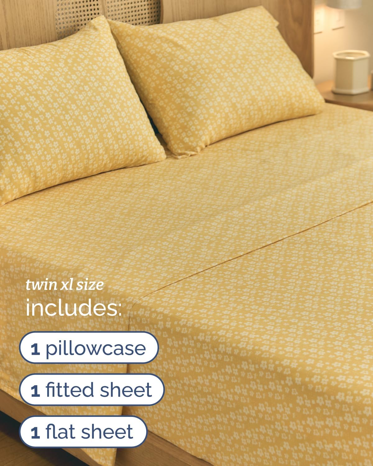 Floral Sheets - Yellow Floral Bed Sheet Set - 1 Flat, 1 Fitted & 1 Pillowcase w/ Deep Pockets - Comfy, Wrinkle & Fade-Free - Boho Botanical Bedding - Soft, Breathable and Cooling - Twin XL Size Set