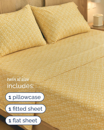 Floral Sheets - Yellow Floral Bed Sheet Set - 1 Flat, 1 Fitted & 1 Pillowcase w/ Deep Pockets - Comfy, Wrinkle & Fade-Free - Boho Botanical Bedding - Soft, Breathable and Cooling - Twin XL Size Set