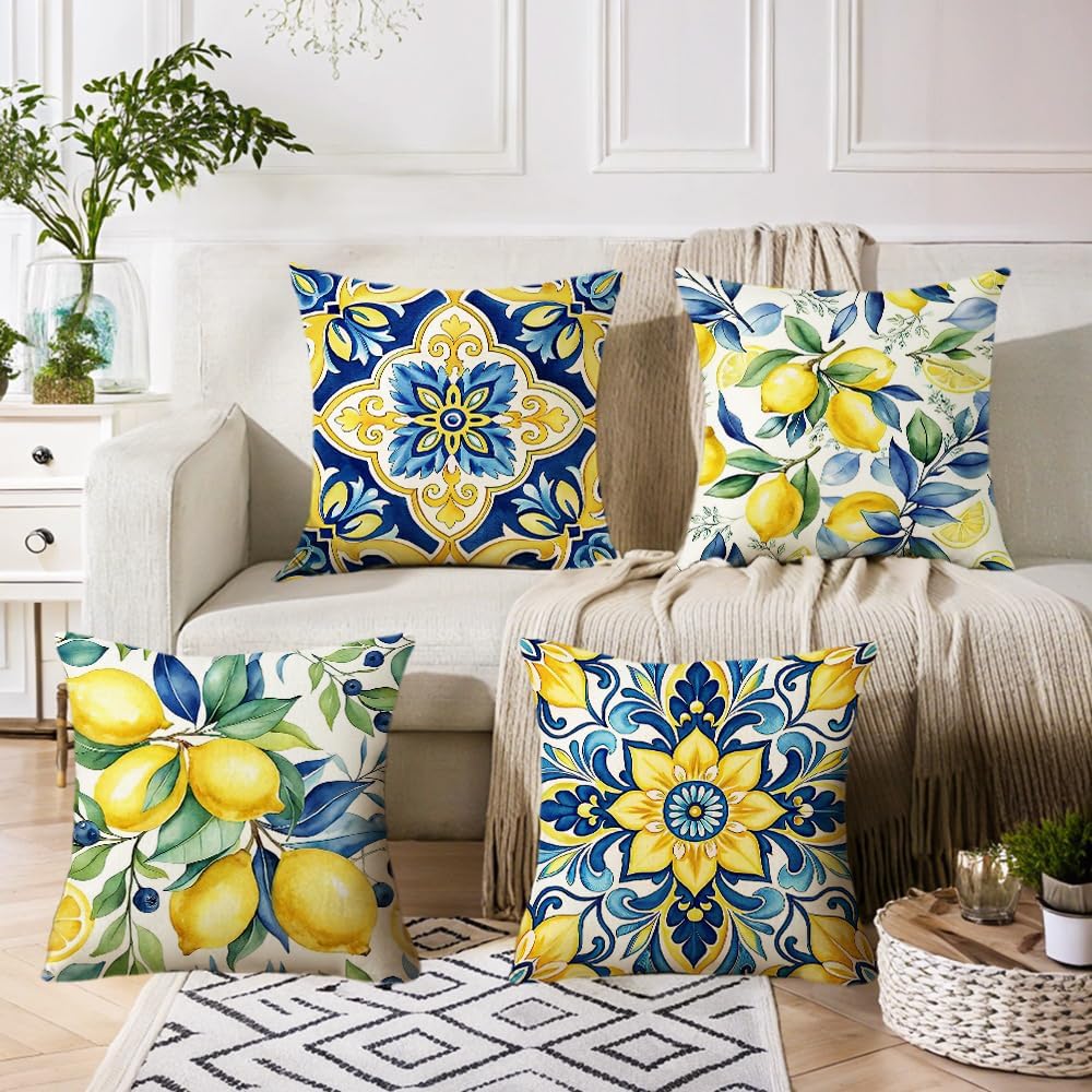 Mediterranean Decorative Throw Pillow Covers 18x18 inch, Set of 4, Blue Yellow Floral and Lemon Patterns, 100% Polyester with Hidden Zipper